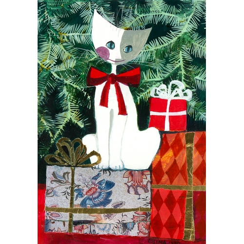 1742 - Rosina, mixed media, cat under a Christmas tree, signed and dated 1990, 47cm x 35cm, framed