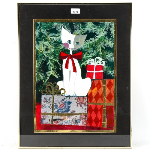 1742 - Rosina, mixed media, cat under a Christmas tree, signed and dated 1990, 47cm x 35cm, framed