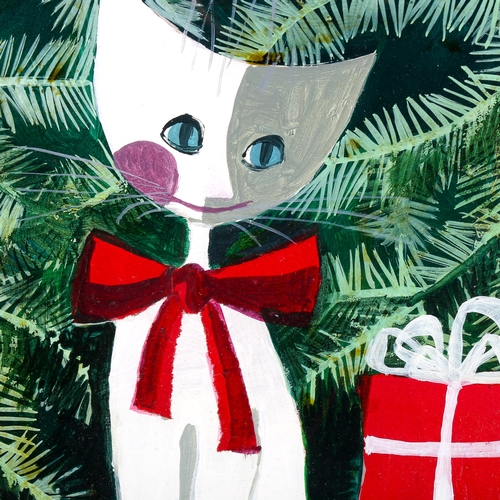 1742 - Rosina, mixed media, cat under a Christmas tree, signed and dated 1990, 47cm x 35cm, framed