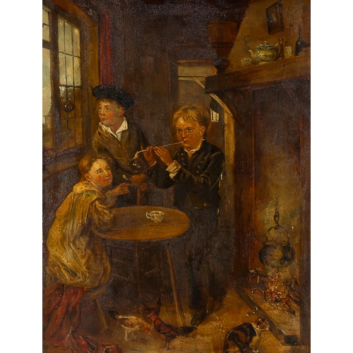 1743 - 19th century oil on wood panel, children blowing bubbles, unsigned, 45cm x 33cm, framed