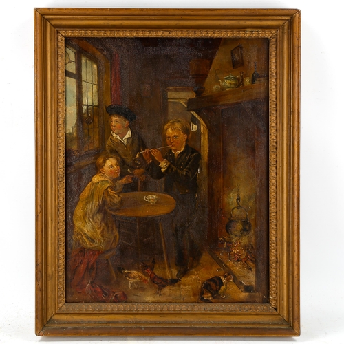 1743 - 19th century oil on wood panel, children blowing bubbles, unsigned, 45cm x 33cm, framed