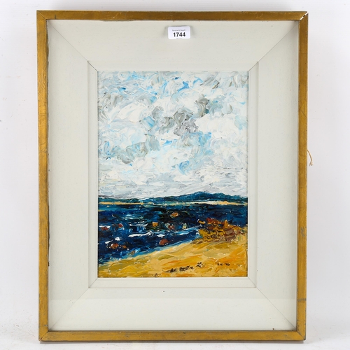 1744 - Contemporary oil on board, beach scene, signed with initials KH dated '90, 38cm x 26cm, framed