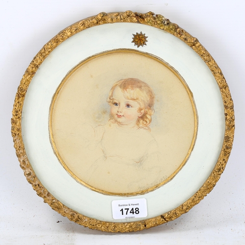 1748 - 19th century circular watercolour portrait of a child, dated 1830, image 18cm across, framed