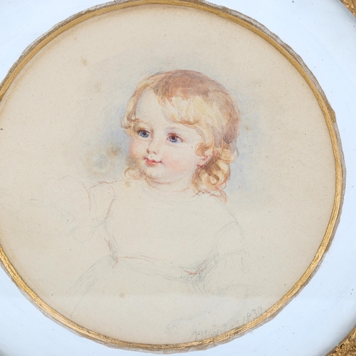 1748 - 19th century circular watercolour portrait of a child, dated 1830, image 18cm across, framed