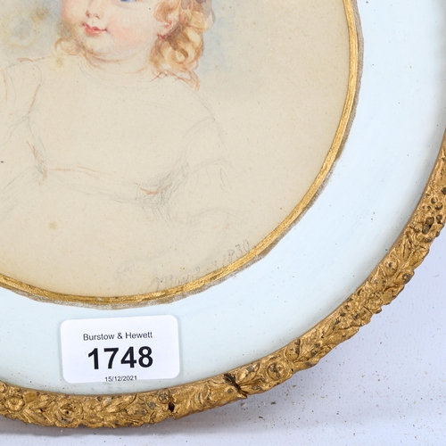 1748 - 19th century circular watercolour portrait of a child, dated 1830, image 18cm across, framed