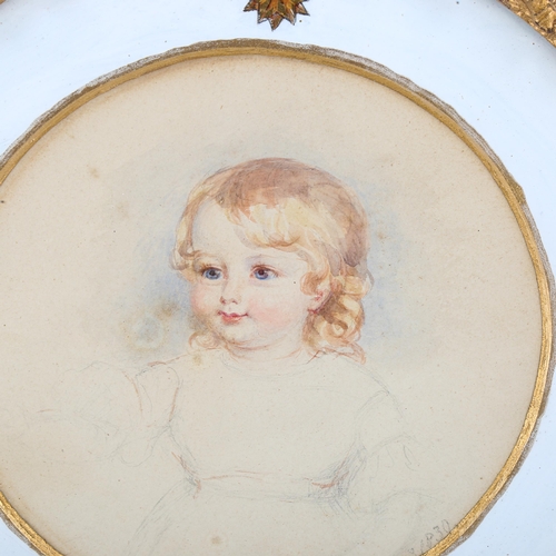 1748 - 19th century circular watercolour portrait of a child, dated 1830, image 18cm across, framed