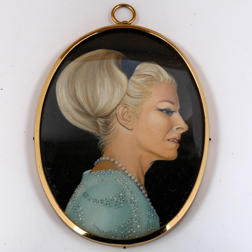 1751 - Barbara Tate (born 1927), miniature oil on board, circa 1970s, portrait of a woman, 10.5cm x 8cm, fr... 