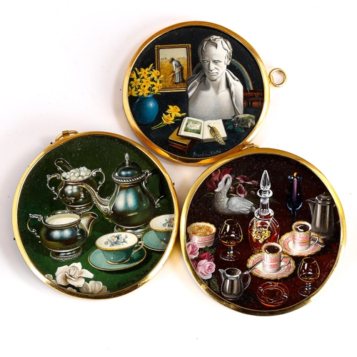 1754 - Barbara Tate (born 1927), 3 miniature circular oils on board, still life studies, 8cm across