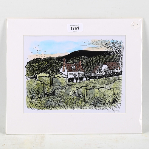 1761 - Robert Tavener, ink/watercolour, Downs and church, signed, 18cm x 24cm, mounted