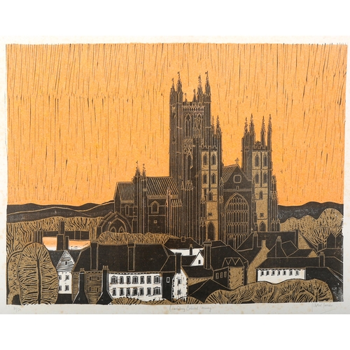 1765 - Robert Tavener, linocut print, Canterbury Cathedral (morning), sheet 54cm x 69cm, and winter paddock... 