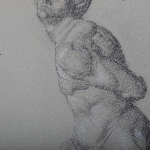 1770 - Late 19th century charcoal/chalk on grey paper, life study, unsigned, 65cm x 50cm, unframed