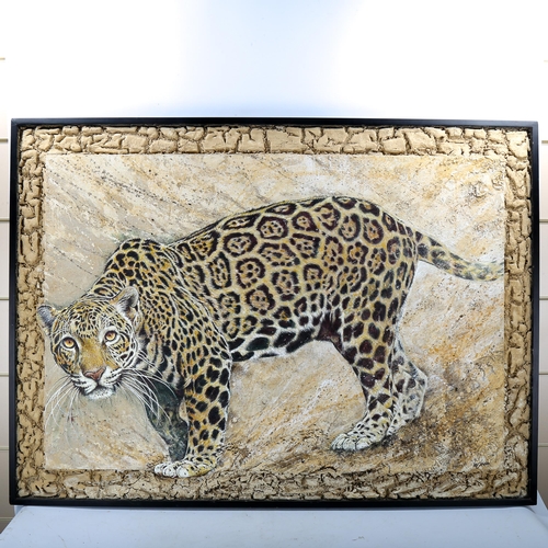 1774 - Francois Legrand, large mixed media on board, leopard, signed, in textured composition surround and ... 