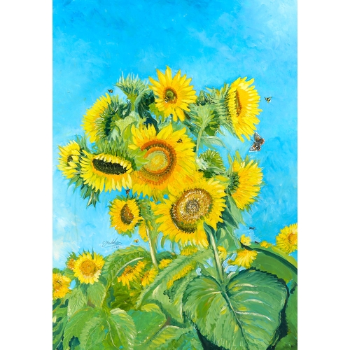 1783 - Clive Fredriksson, large oil on board, sunflowers and butterflies, 95cm x 68cm, framed