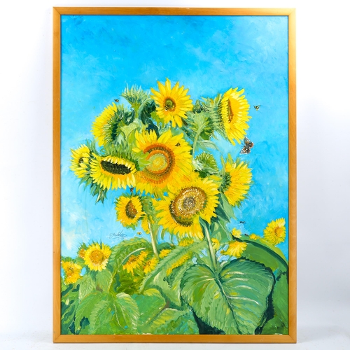 1783 - Clive Fredriksson, large oil on board, sunflowers and butterflies, 95cm x 68cm, framed