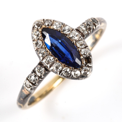 108 - An Antique sapphire and diamond marquise cluster ring, unmarked gold settings, with marquise-cut sap... 