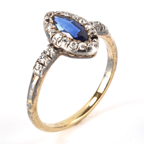 108 - An Antique sapphire and diamond marquise cluster ring, unmarked gold settings, with marquise-cut sap... 