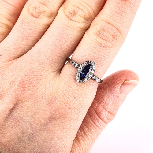 108 - An Antique sapphire and diamond marquise cluster ring, unmarked gold settings, with marquise-cut sap... 