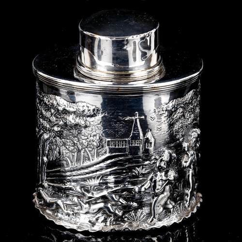 116 - A late Victorian silver tea caddy, cylindrical form with relief embossed hunting decoration, by Geor... 