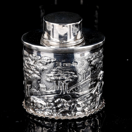 116 - A late Victorian silver tea caddy, cylindrical form with relief embossed hunting decoration, by Geor... 