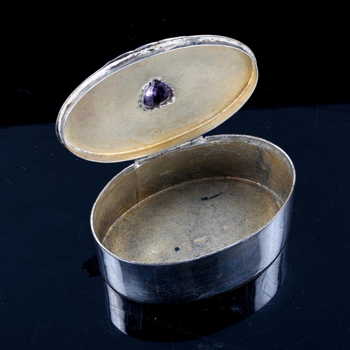 123 - An Edwardian Scottish Provincial silver gem set box, cylindrical form with heart-cut amethyst lid an... 