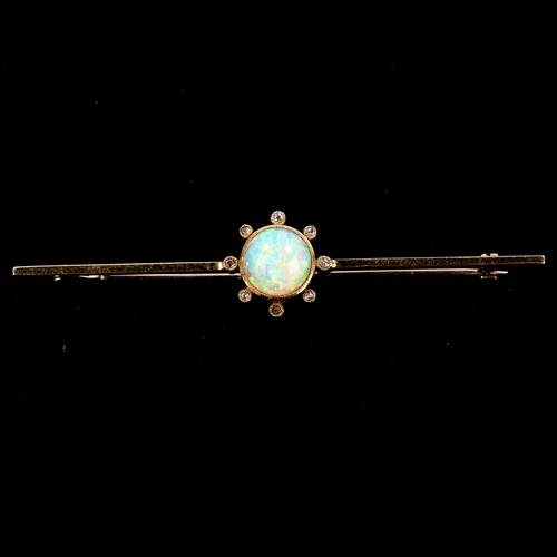 129 - An Edwardian opal and diamond cluster bar brooch, unmarked gold settings with round high cabochon wh... 