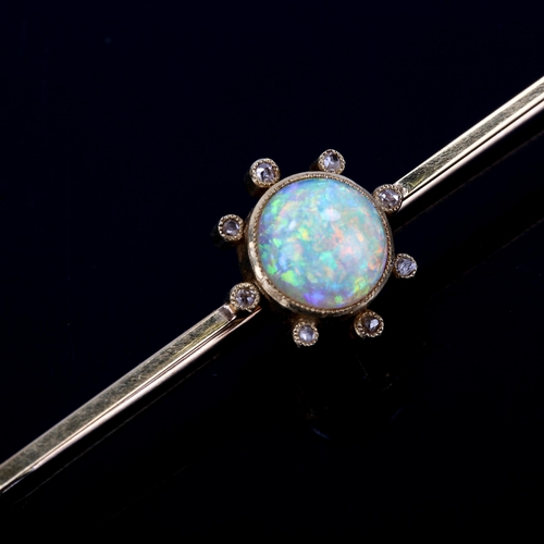 129 - An Edwardian opal and diamond cluster bar brooch, unmarked gold settings with round high cabochon wh... 