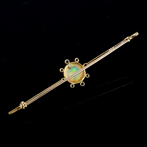 129 - An Edwardian opal and diamond cluster bar brooch, unmarked gold settings with round high cabochon wh... 