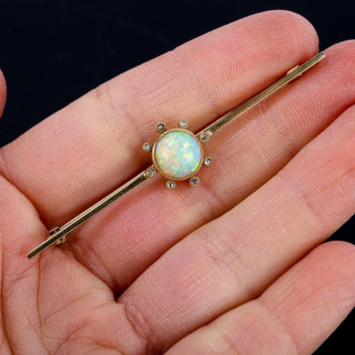 129 - An Edwardian opal and diamond cluster bar brooch, unmarked gold settings with round high cabochon wh... 