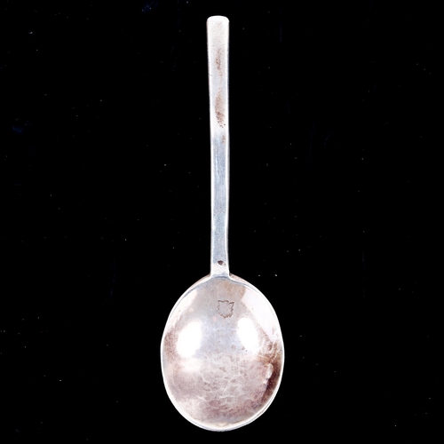 138 - A Commonwealth silver Puritan spoon, slight tapering stem with plain oval bowl, owner's initials EG,... 