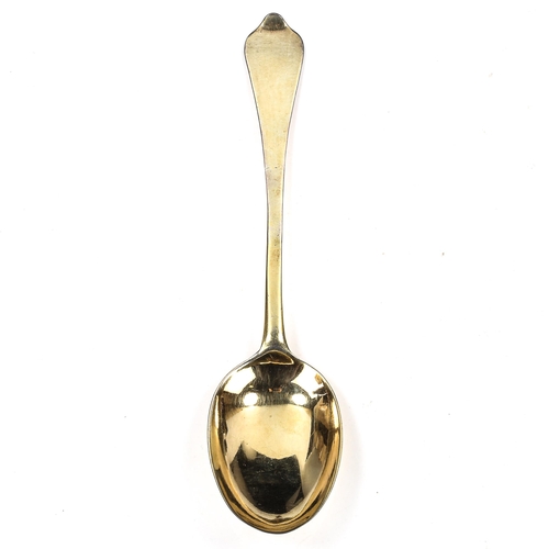 139 - A Queen Anne silver-gilt dog-nose spoon, oval bowl with plain rat-tail, by Isaac Davenport, indistin... 