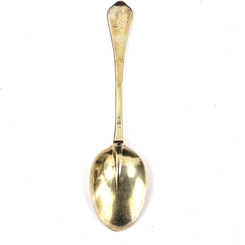 139 - A Queen Anne silver-gilt dog-nose spoon, oval bowl with plain rat-tail, by Isaac Davenport, indistin... 