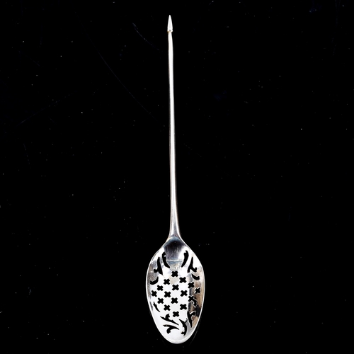 141 - An 18th century silver Mote spoon, pierced bowl with pointed arrowhead terminal, indistinct hallmark... 