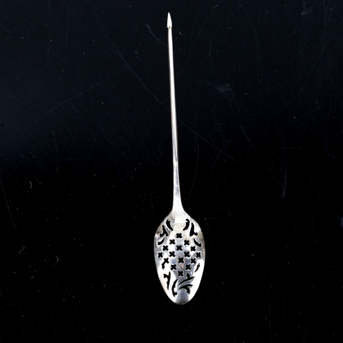 141 - An 18th century silver Mote spoon, pierced bowl with pointed arrowhead terminal, indistinct hallmark... 