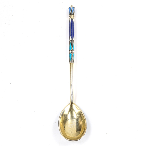 142 - A 19th century Russian 84 zolotnik standard silver and champleve enamel spoon, indistinct maker's ma... 