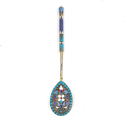 142 - A 19th century Russian 84 zolotnik standard silver and champleve enamel spoon, indistinct maker's ma... 