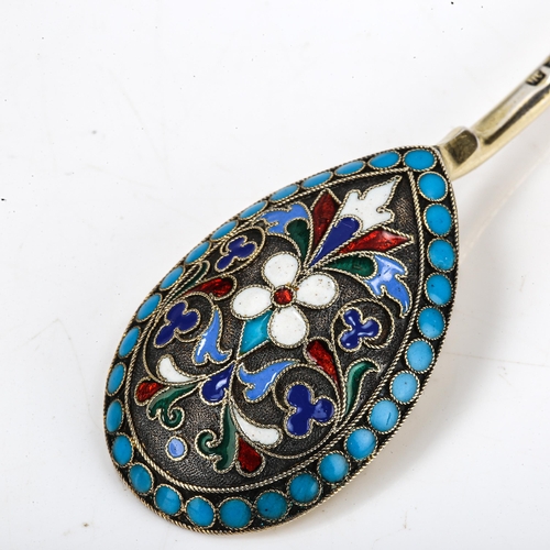 142 - A 19th century Russian 84 zolotnik standard silver and champleve enamel spoon, indistinct maker's ma... 