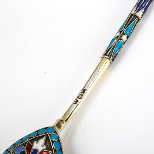 142 - A 19th century Russian 84 zolotnik standard silver and champleve enamel spoon, indistinct maker's ma... 