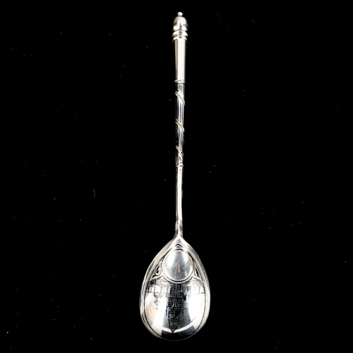 143 - A 19th century Russian silver and niello spoon, bowl decorated with Moscow Imperial Church, Cyrillic... 