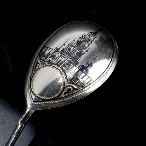 143 - A 19th century Russian silver and niello spoon, bowl decorated with Moscow Imperial Church, Cyrillic... 