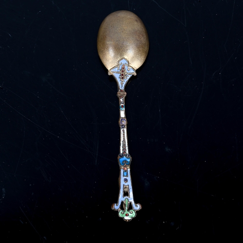 148 - An Austrian Viennese enamel spoon, brass base metal with a hand painted enamel lover decoration, len... 