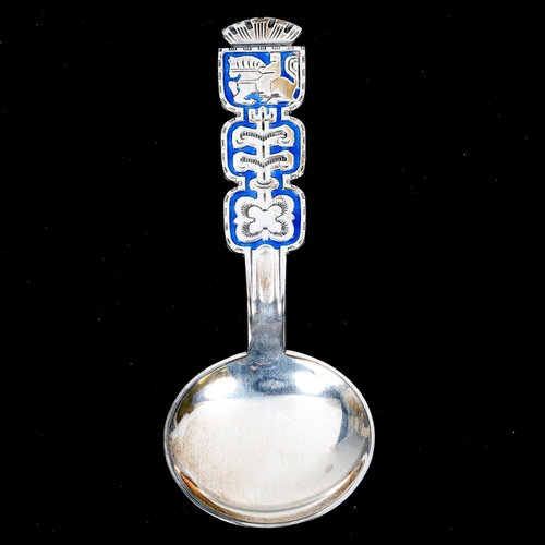 150 - DAVID ANDERSEN - a Vintage Norwegian sterling silver and blue enamel preserve spoon, length 13cm, 1.... 