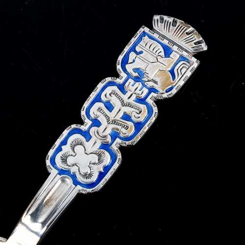 150 - DAVID ANDERSEN - a Vintage Norwegian sterling silver and blue enamel preserve spoon, length 13cm, 1.... 