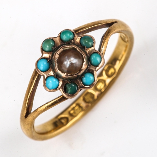 156 - A Victorian 22ct gold turquoise and pearl cluster flowerhead ring, set with split-pearl and cabochon... 