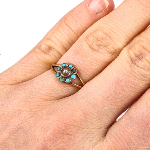 156 - A Victorian 22ct gold turquoise and pearl cluster flowerhead ring, set with split-pearl and cabochon... 