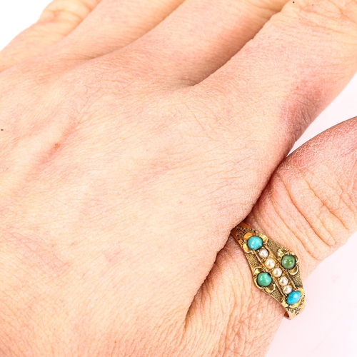 157 - A Victorian 15ct gold turquoise and pearl dress ring, chased and engraved decoration, indistinct mak... 