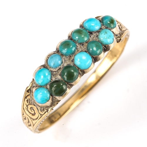 158 - A Victorian turquoise dress ring, unmarked gold settings with cabochon turquoise and chased foliate ... 