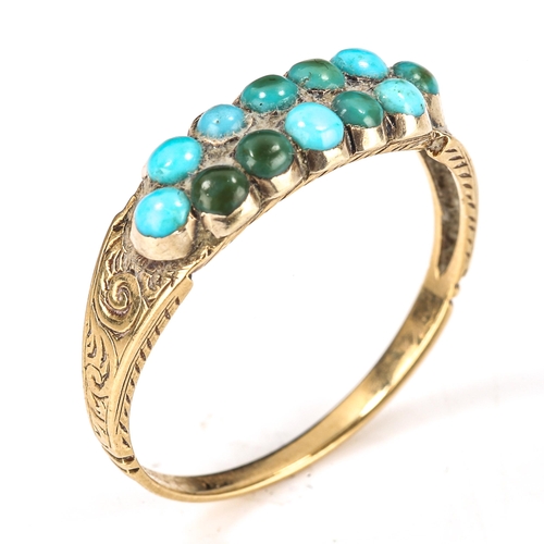 158 - A Victorian turquoise dress ring, unmarked gold settings with cabochon turquoise and chased foliate ... 