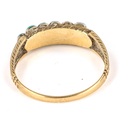 158 - A Victorian turquoise dress ring, unmarked gold settings with cabochon turquoise and chased foliate ... 