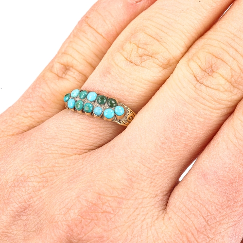 158 - A Victorian turquoise dress ring, unmarked gold settings with cabochon turquoise and chased foliate ... 