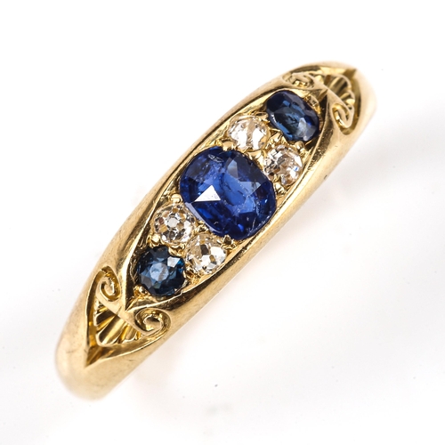 160 - A Victorian 18ct gold 7-stone sapphire and diamond half hoop ring, set with oval mixed-cut sapphires... 